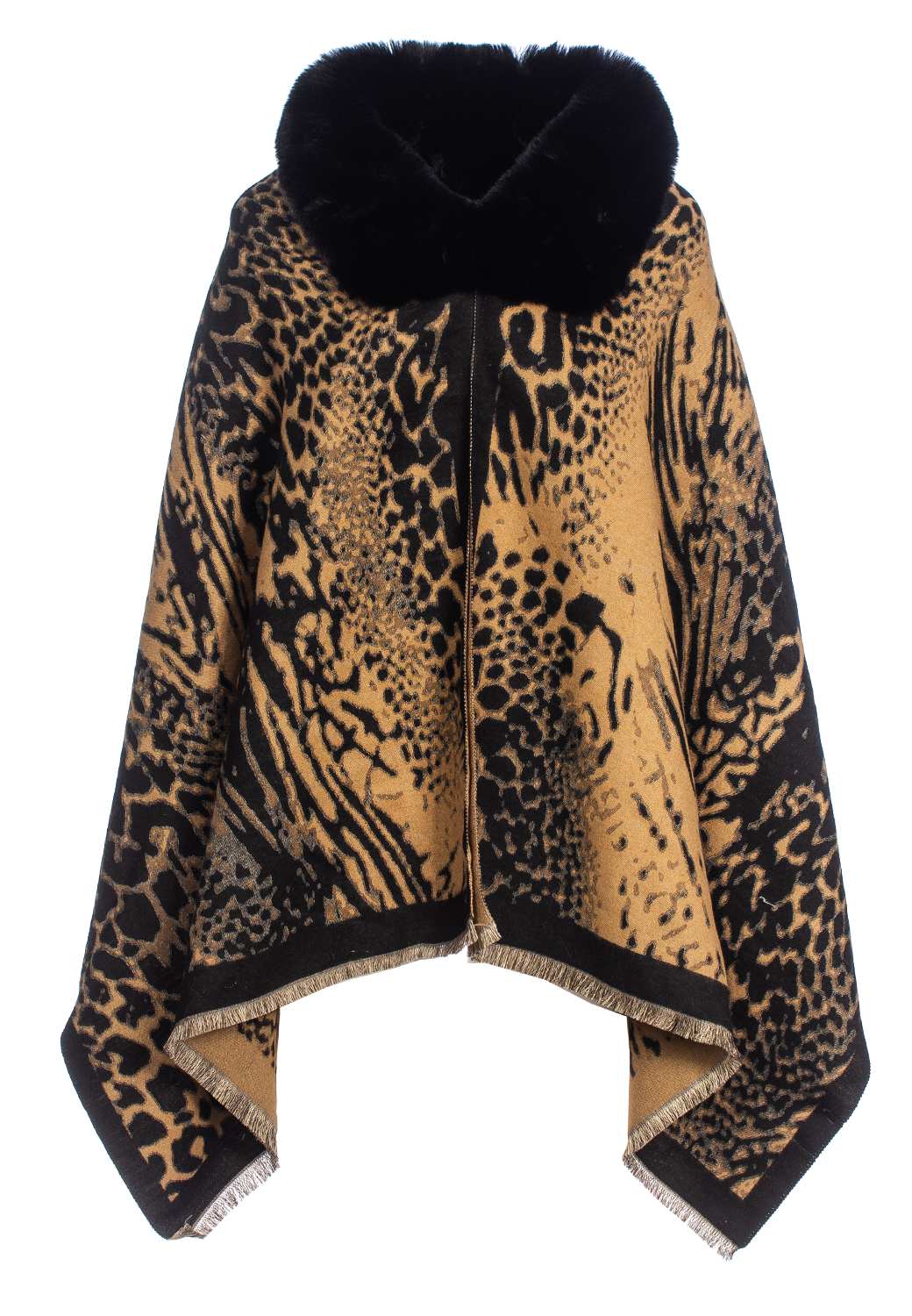 MANTELLA JACQUARD ANIMALIER ,COLLO PELLICCIA SINT.100% VI M.PRC        - BLACK